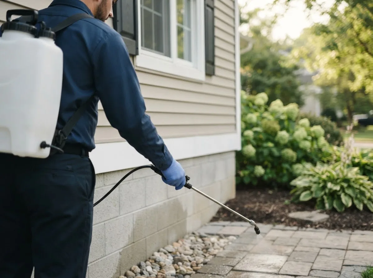 Pest control technician inspecting a home in Empire, MI